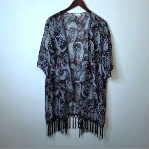 LulaRoe Monroe Sheer Paisley Kimono Fringe Trim Lagenlook Boho Size Large